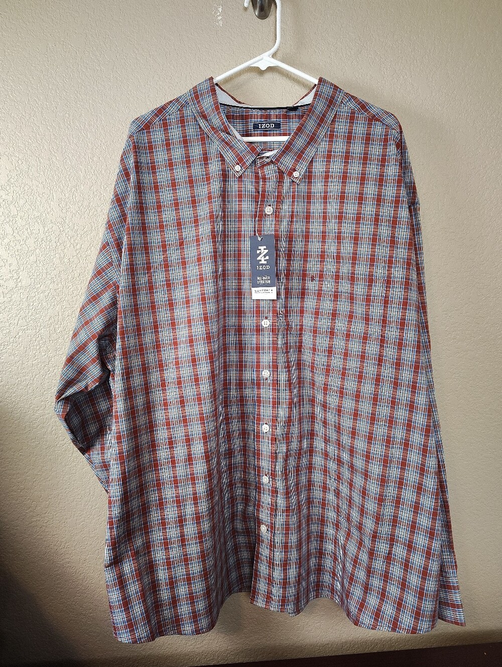 Izod Mens Red Plaid Button-Down Shirt with Blue and White Accents Big & Tall 4XB